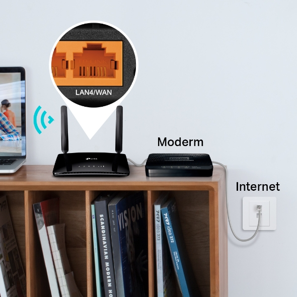A router and modem setup, with a laptop and internet cable connection.