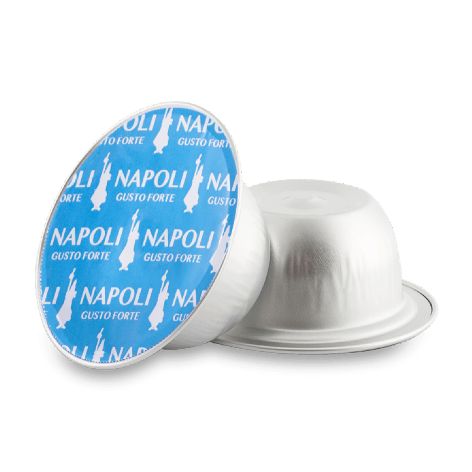 Due cialde di caffè, una aperta, con design Napoli blu e bianco. Sfondo bianco.