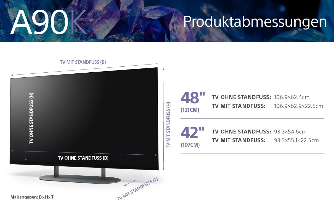 Diagramm der TV-Abmessungen mit Maßen in cm, schwarzer Bildschirm, weißer Hintergrund.