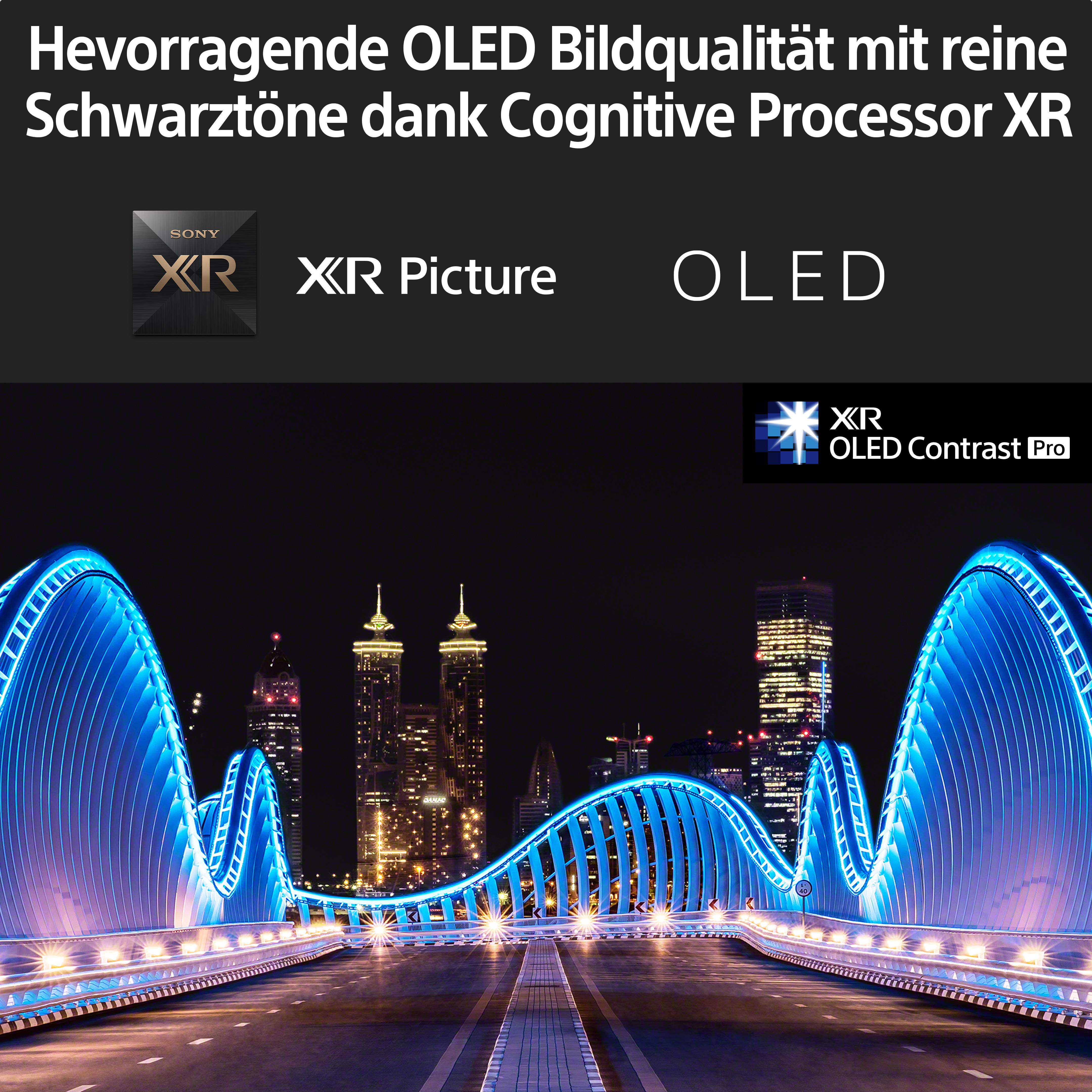 Nachtstadt mit Brücke, blau beleuchtet, Text 'XR OLED Contrast Pro'.