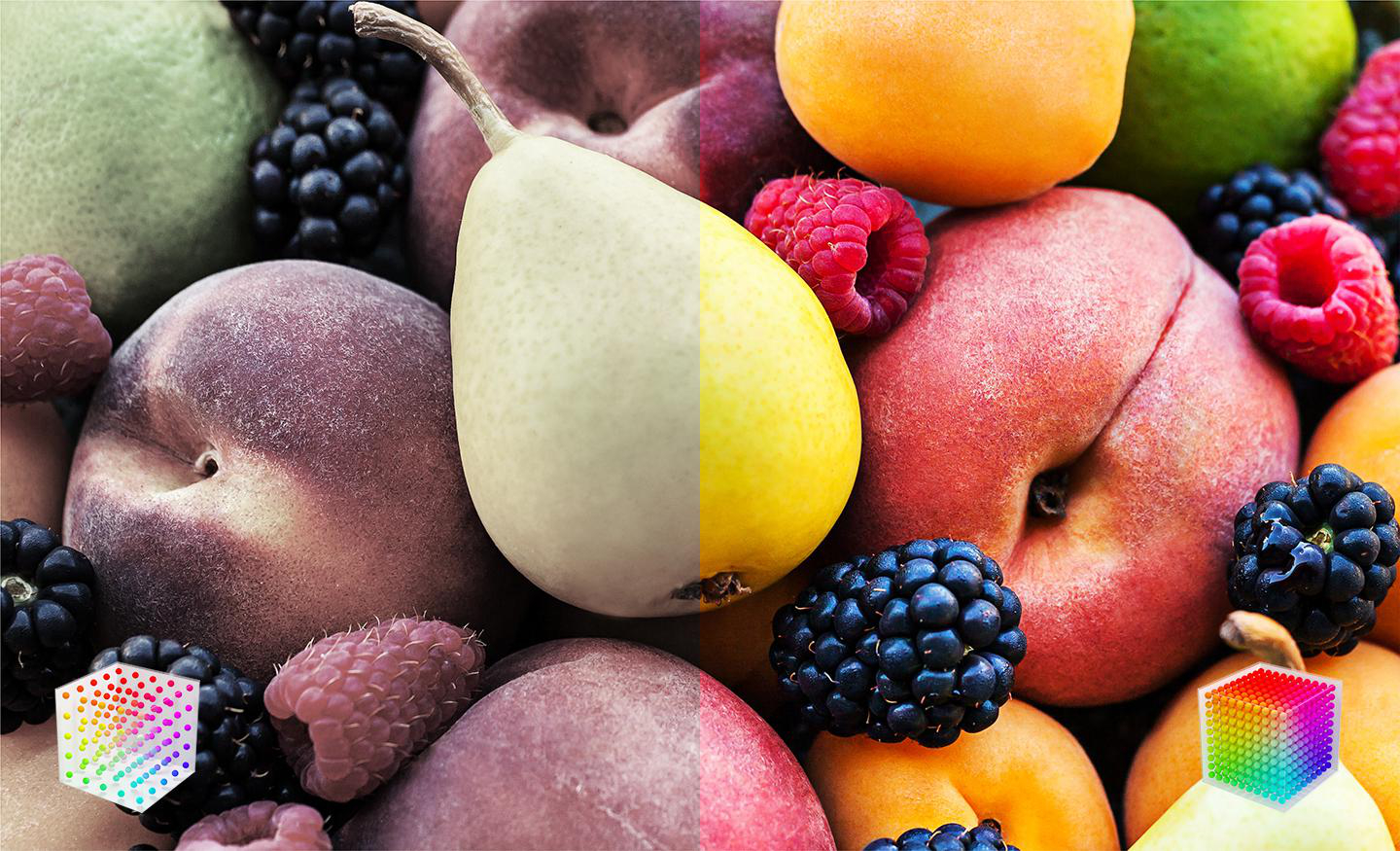 Früchte: Birne, Pfirsich, Brombeeren, Himbeeren.