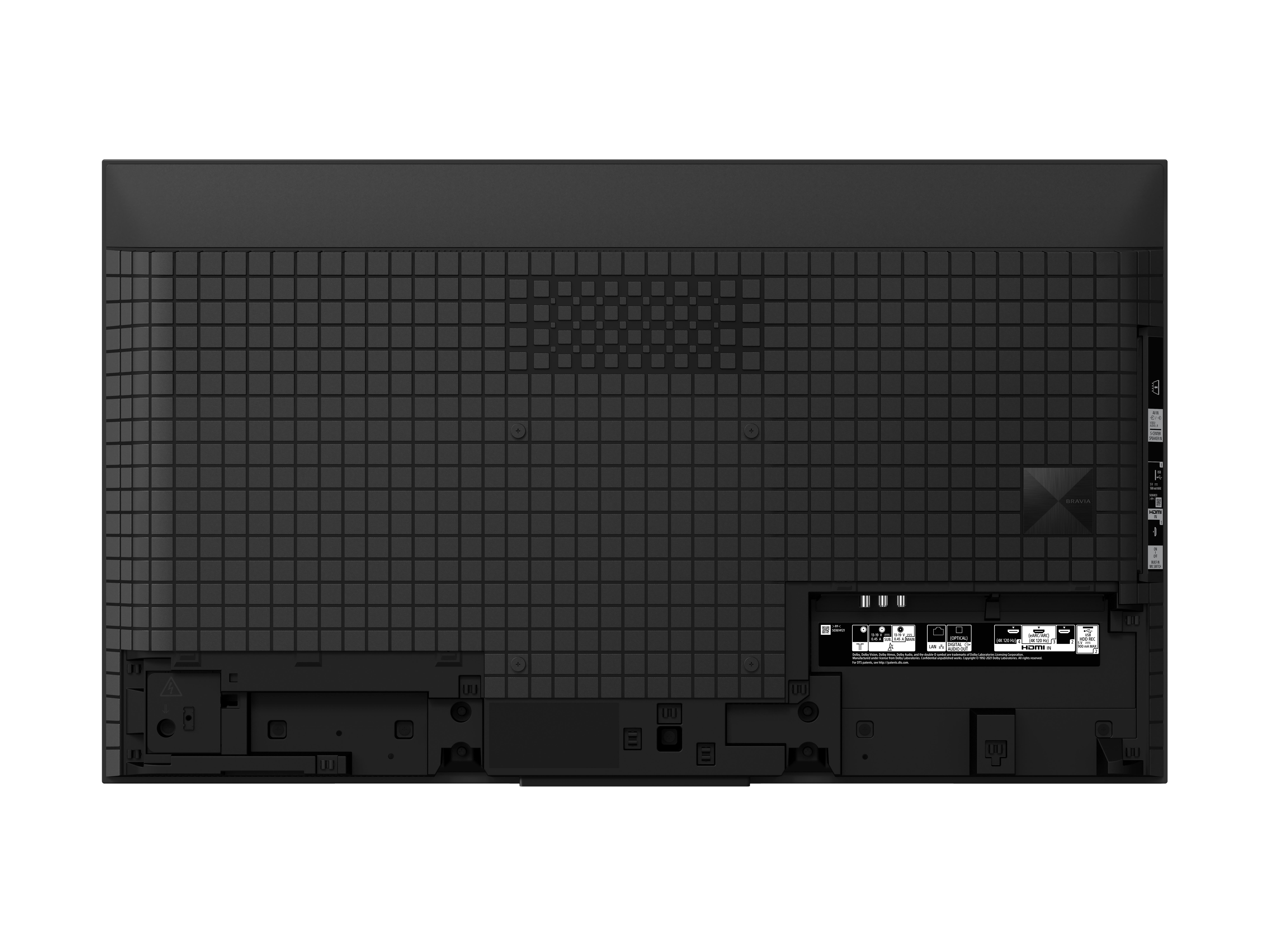Rückseite eines schwarzen Fernsehers mit Gittermuster, Anschlüssen und einem Bravia-Logo unten rechts.