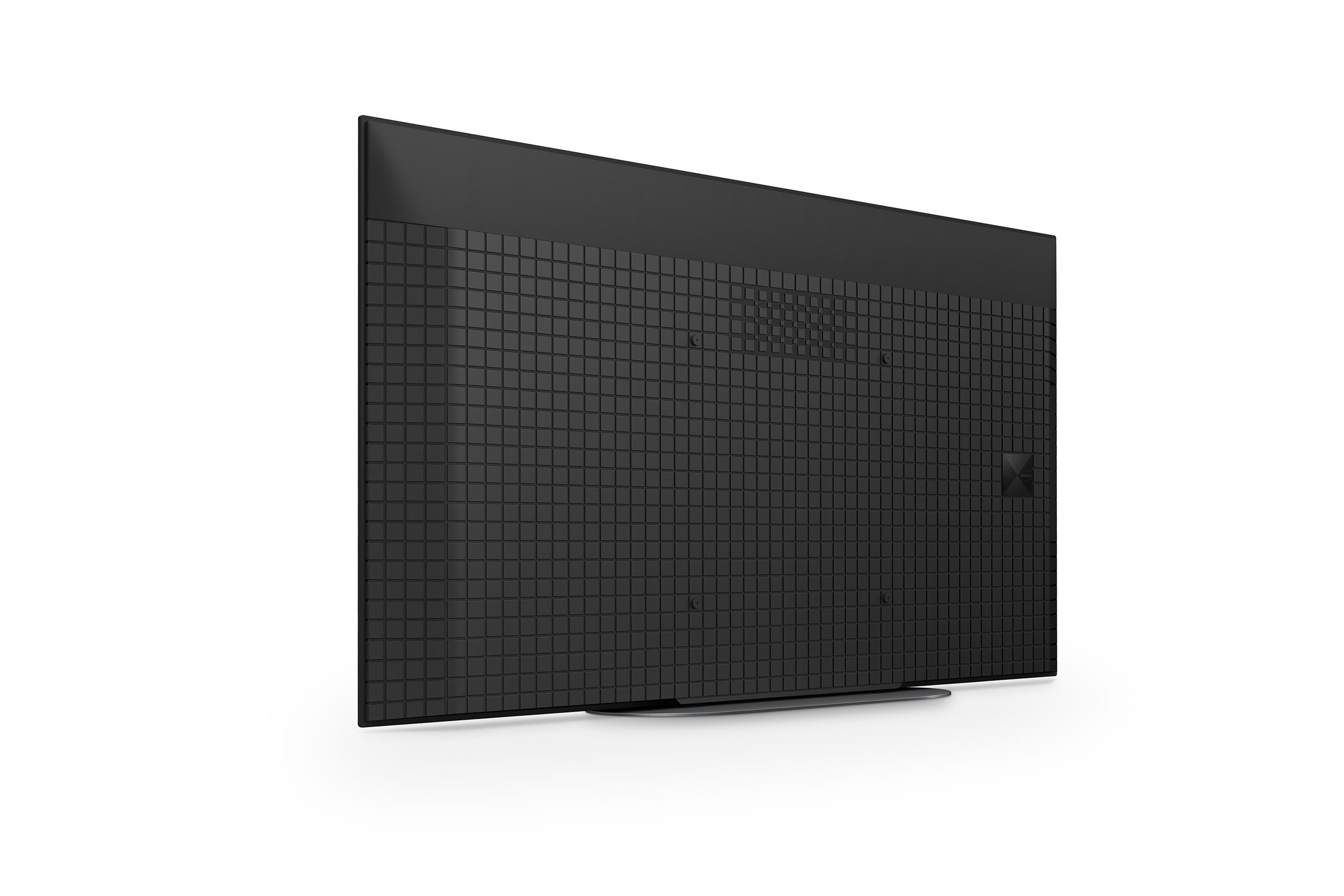 Ein schwarzer Fernseher von der Seite mit gitterartigem Muster, weißer Hintergrund.