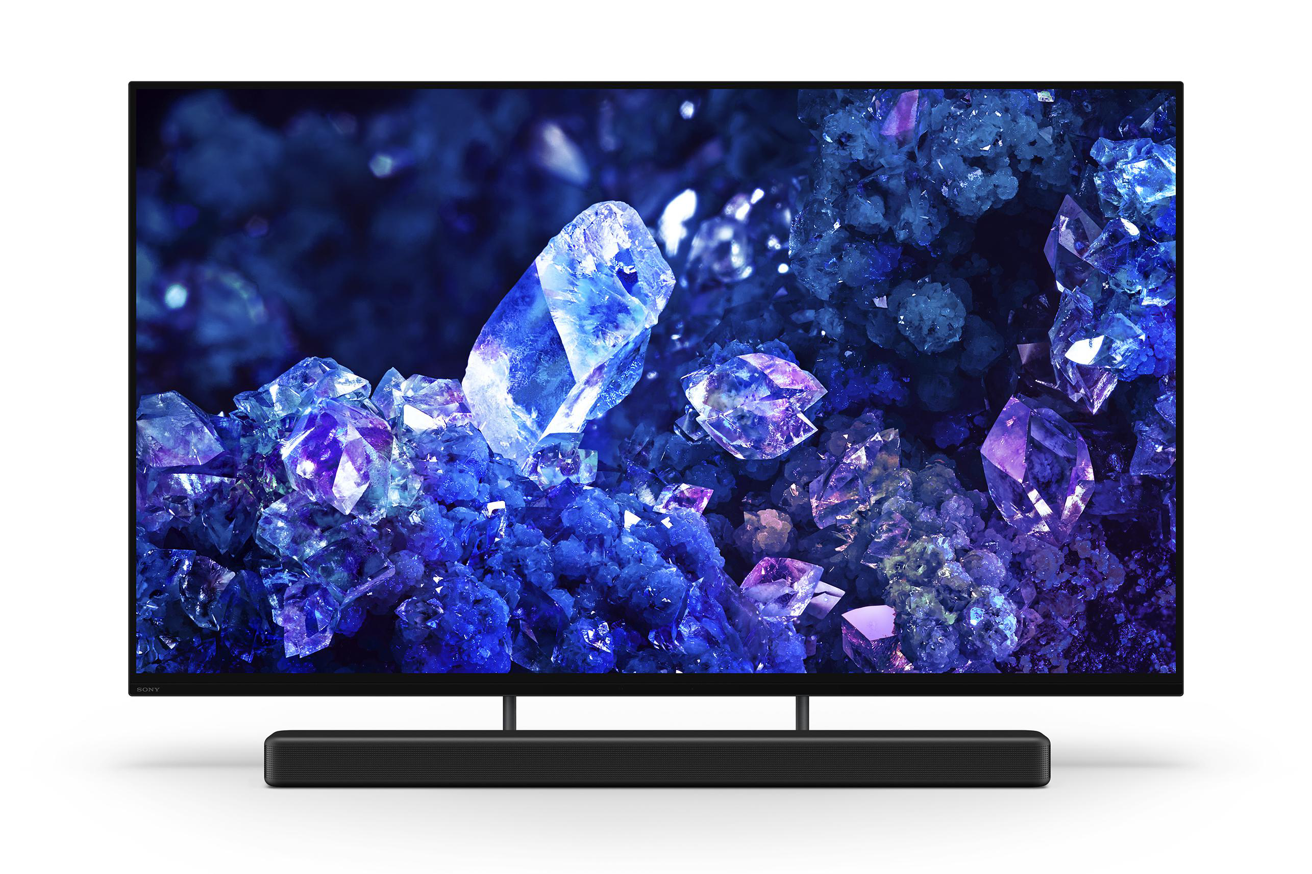 Ein moderner Fernseher mit einer Soundbar unten, blau und lila.