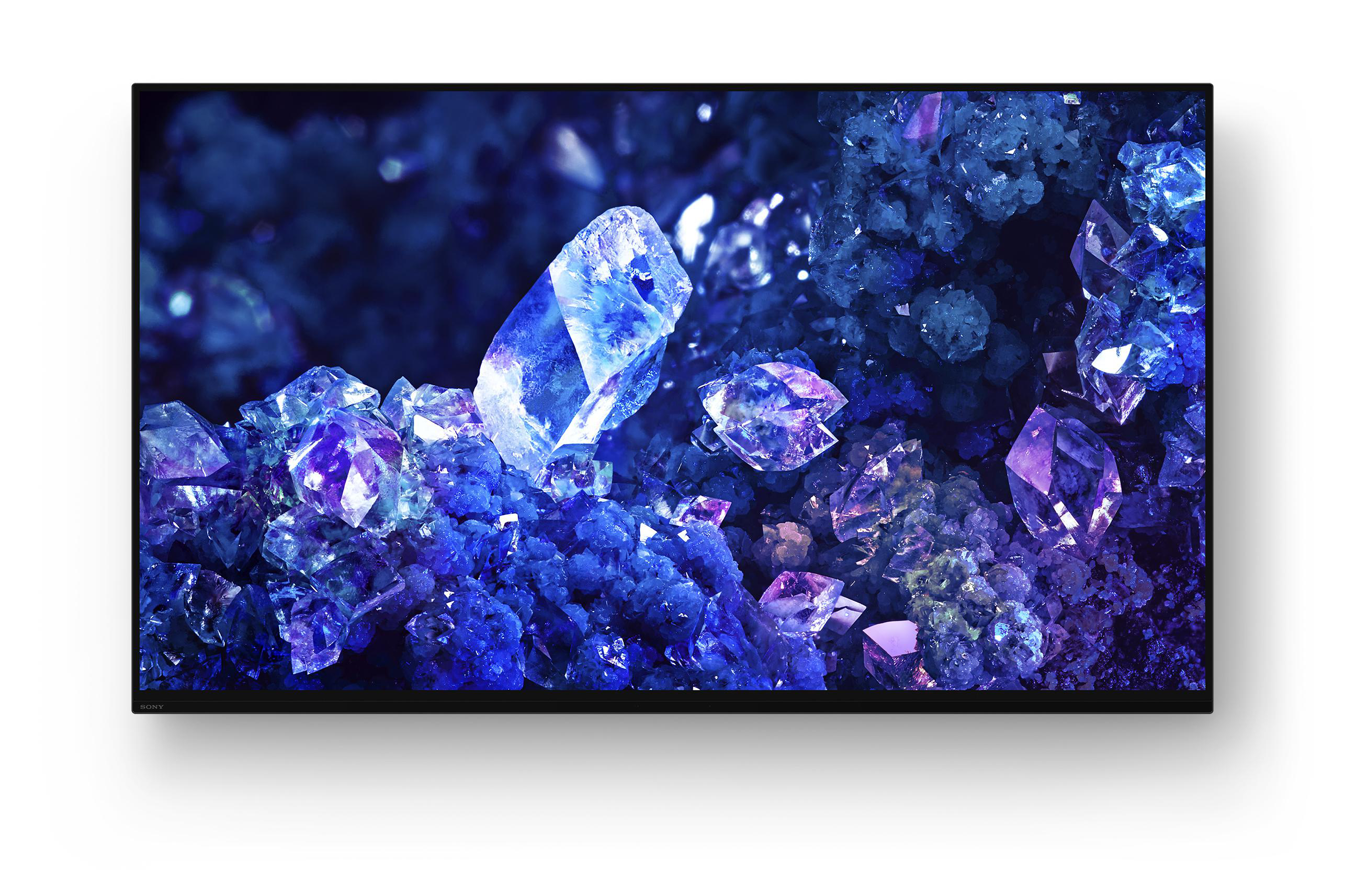 Ein schwarzer Fernseher mit einer Ansammlung blauer Kristalle.