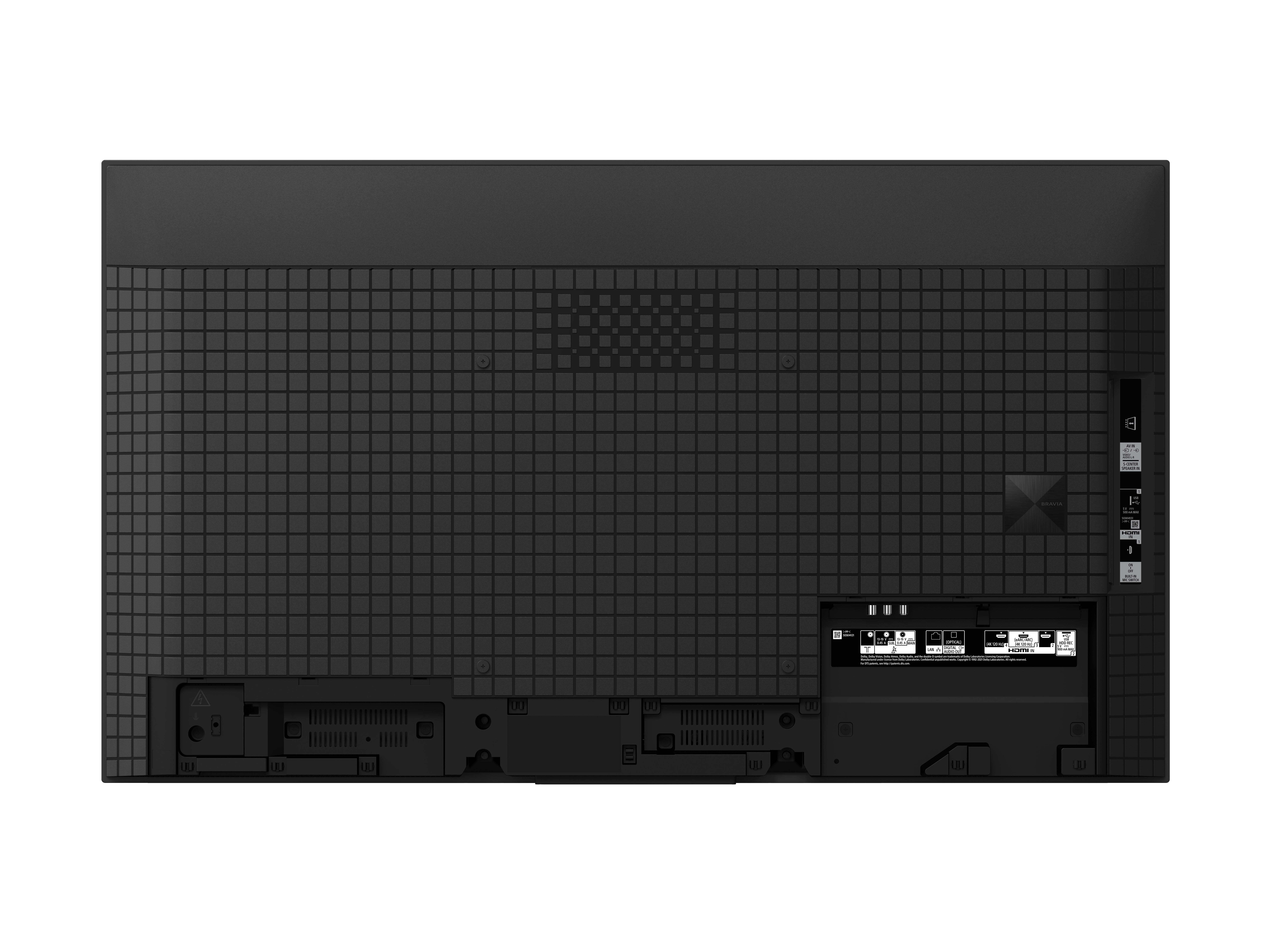 Rückseite eines schwarzen Fernsehers mit gitterartigem Design, Eingängen und Logo.