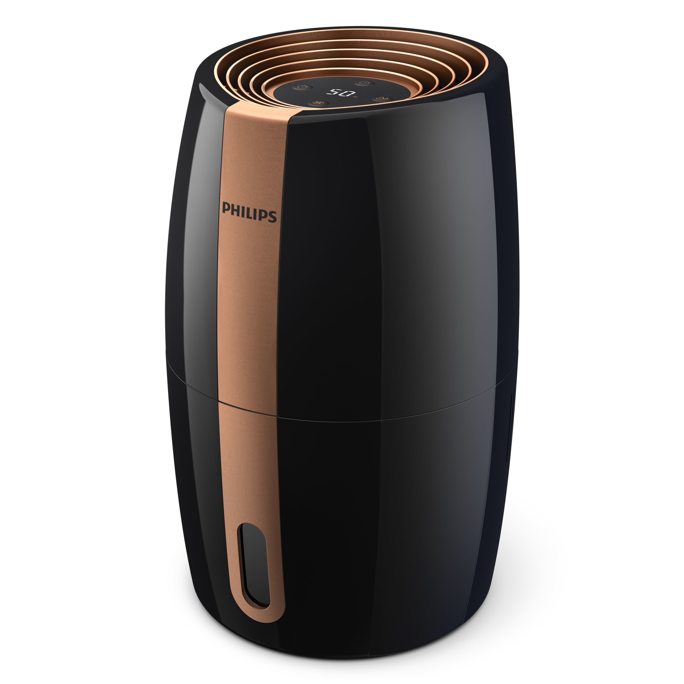 Humidificateur noir et cuivré avec affichage numérique, sur fond blanc.