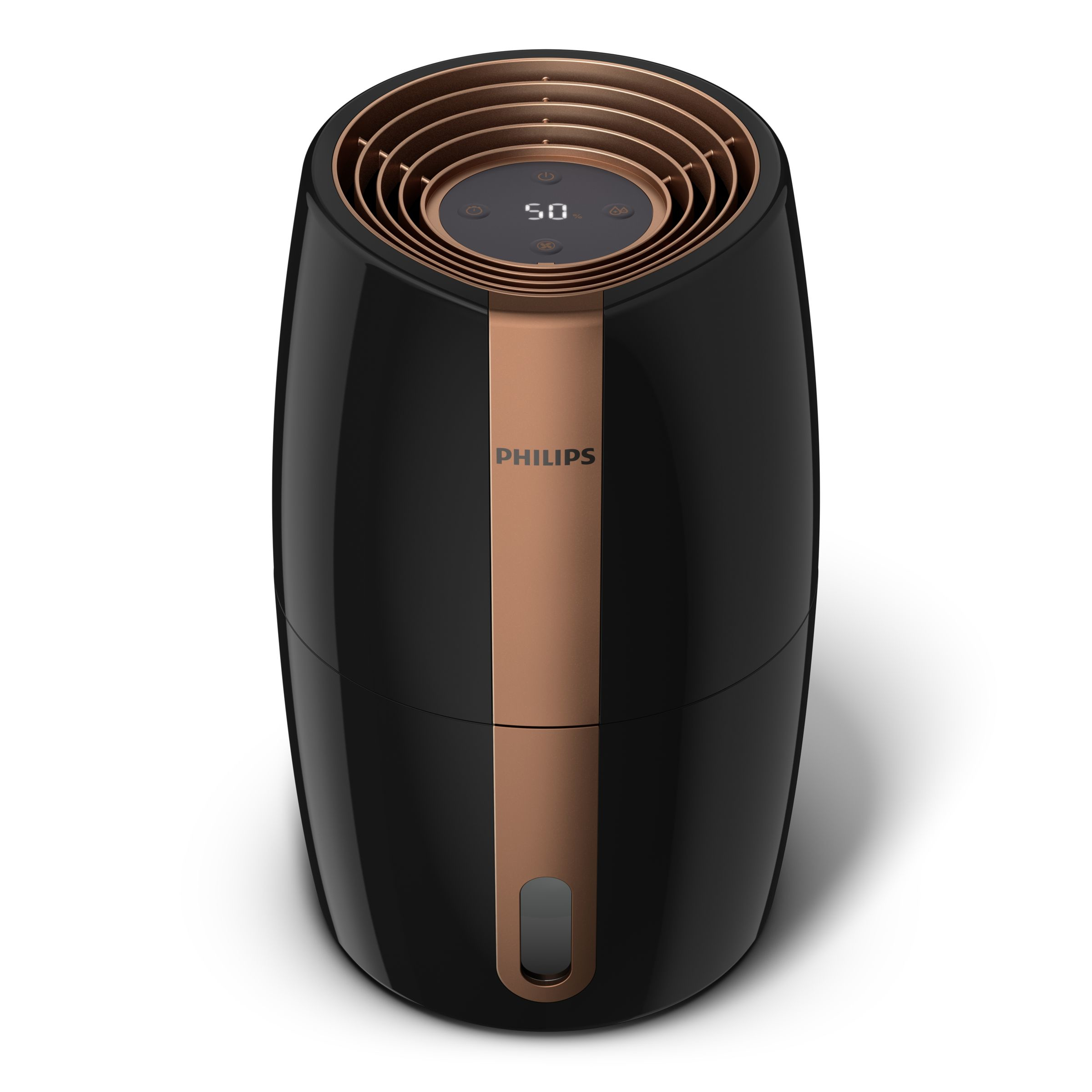 Humidificateur noir et bronze avec affichage numérique en haut.