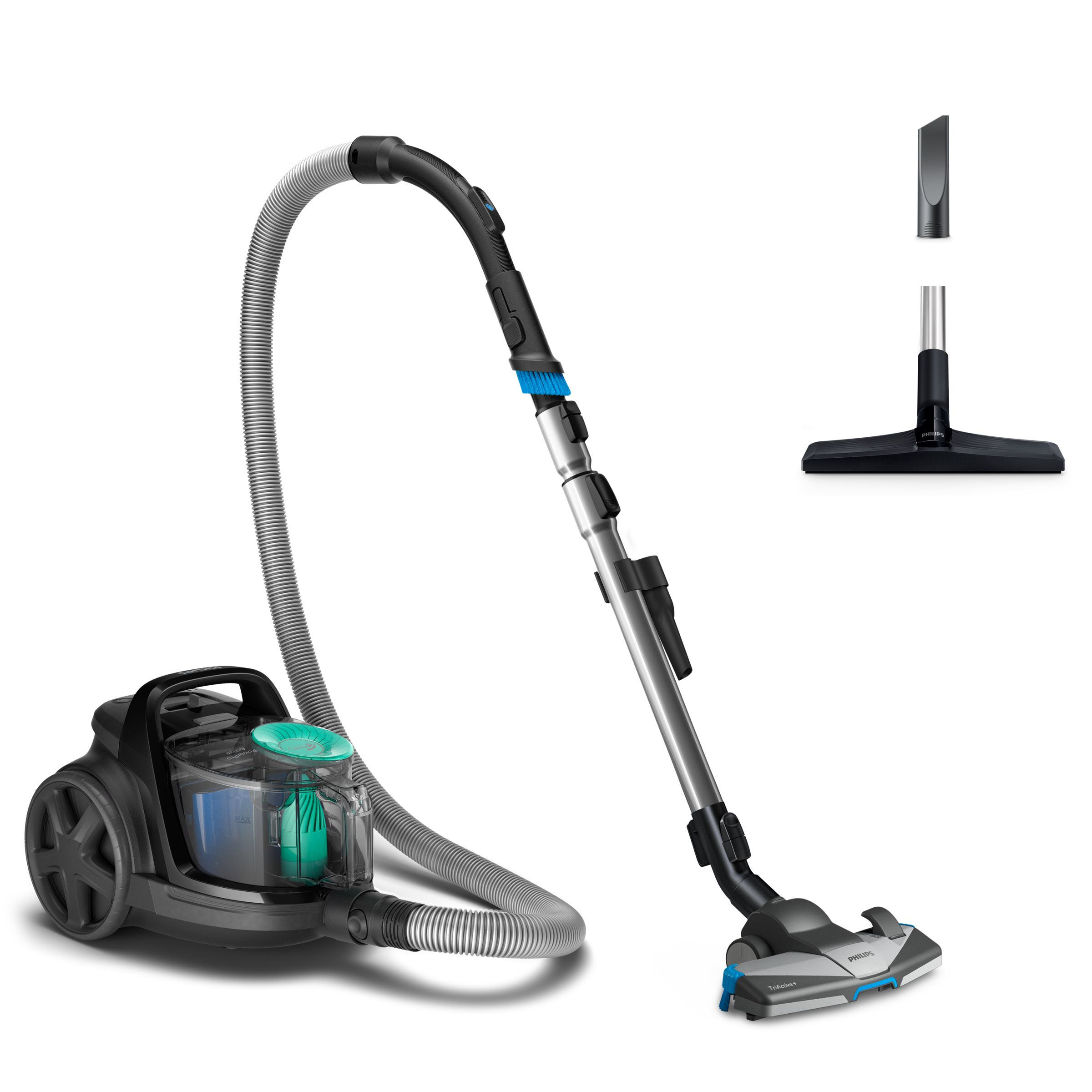 Zwarte en grijze Philips stofzuiger met hulpstukken, slang en stofreservoir.