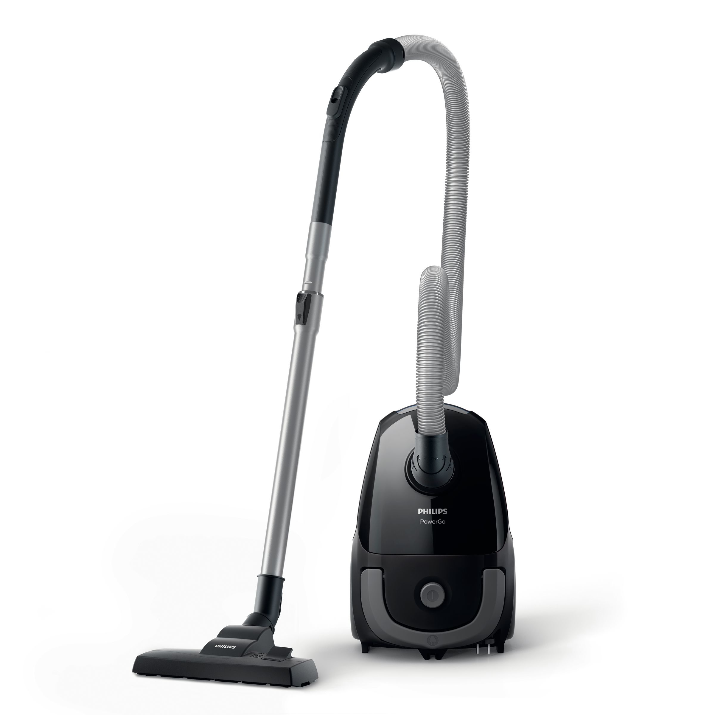 A black Philips PowerGo vacuum cleaner with a silver hose and cleaning head, on a white background.