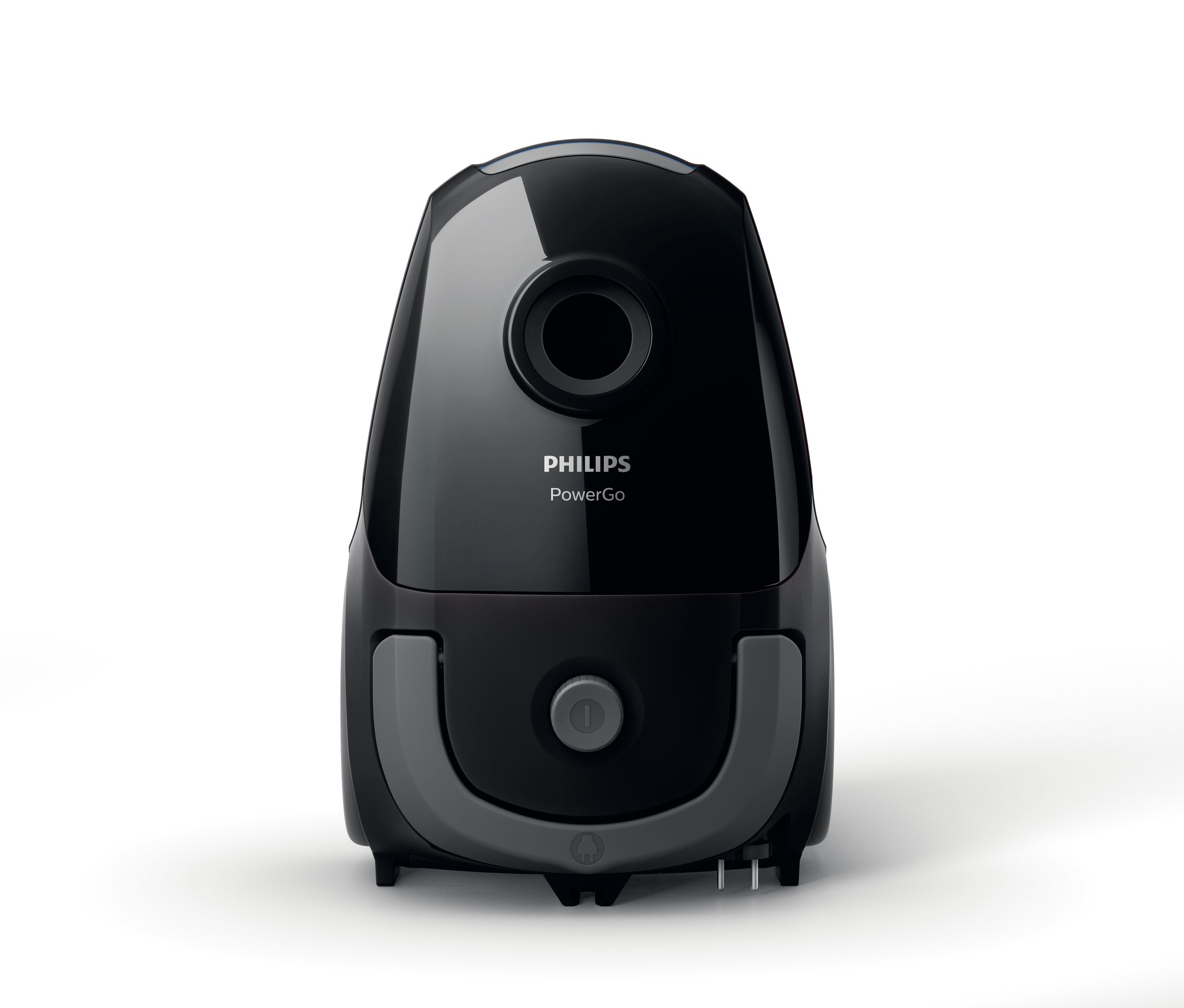 Black Philips PowerGo vacuum cleaner, viewed from the front, with a gray handle.