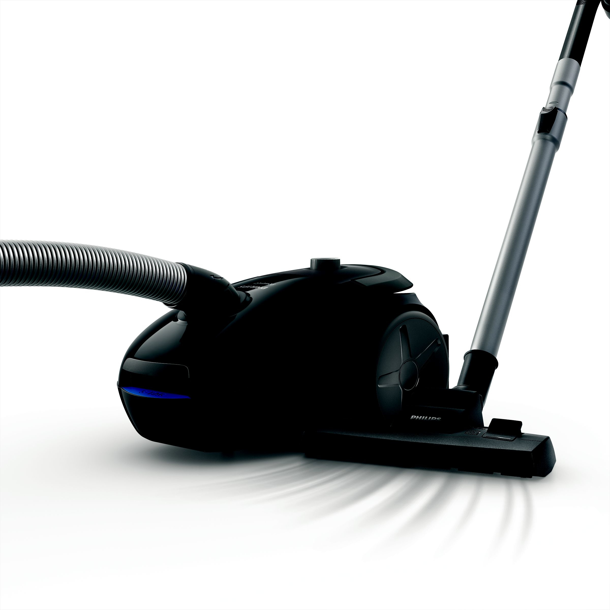 Black vacuum cleaner with a hose and nozzle, angled slightly.