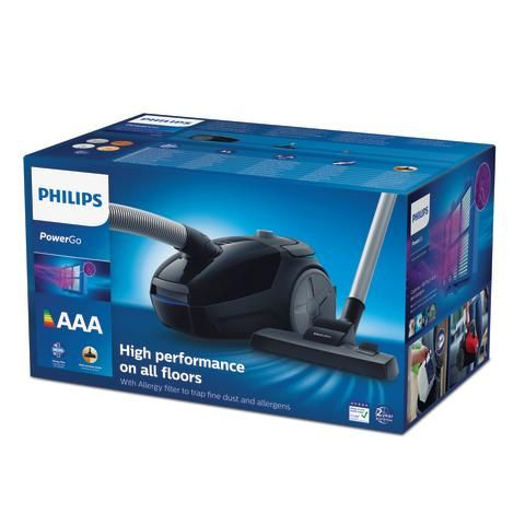 Box with Philips vacuum cleaner. The box shows a photo of the vacuum cleaner and information.