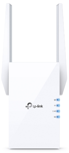 White Wi-Fi repeater with antennas and lights, front view, isolated on white background.