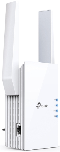 White tp-link wifi range extender with two antennas and indicator lights.