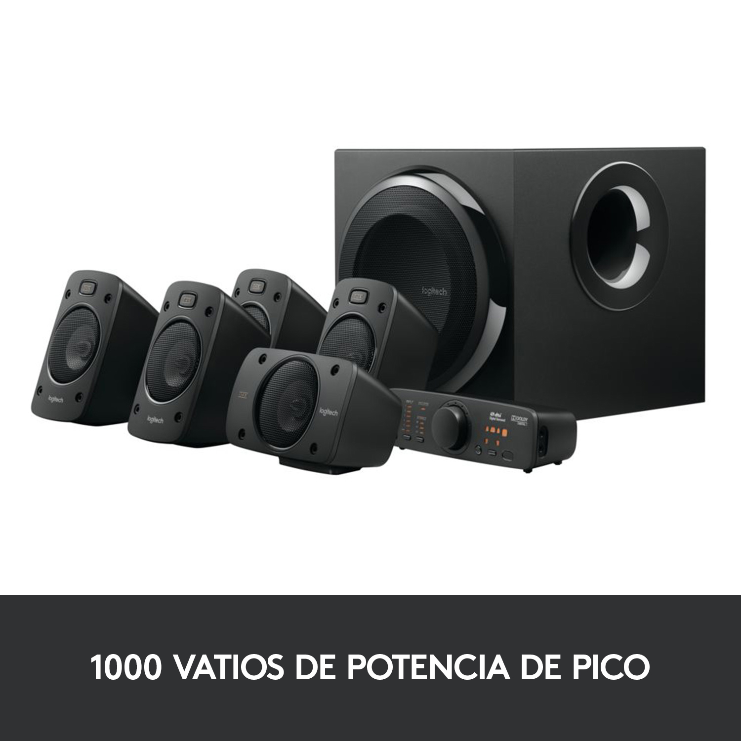 Un sistema de sonido Logitech negro con altavoces, un subwoofer y un panel de control con el texto: 1000 vatios de pico.