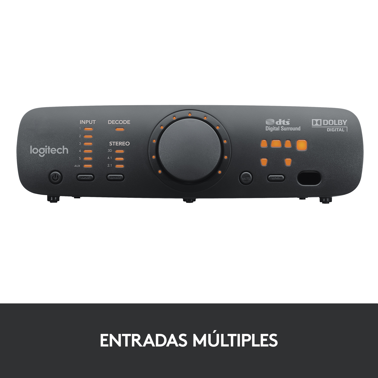 Dispositivo de audio negro con botones y un dial. El texto en la parte inferior dice 'Entradas Múltiples'.