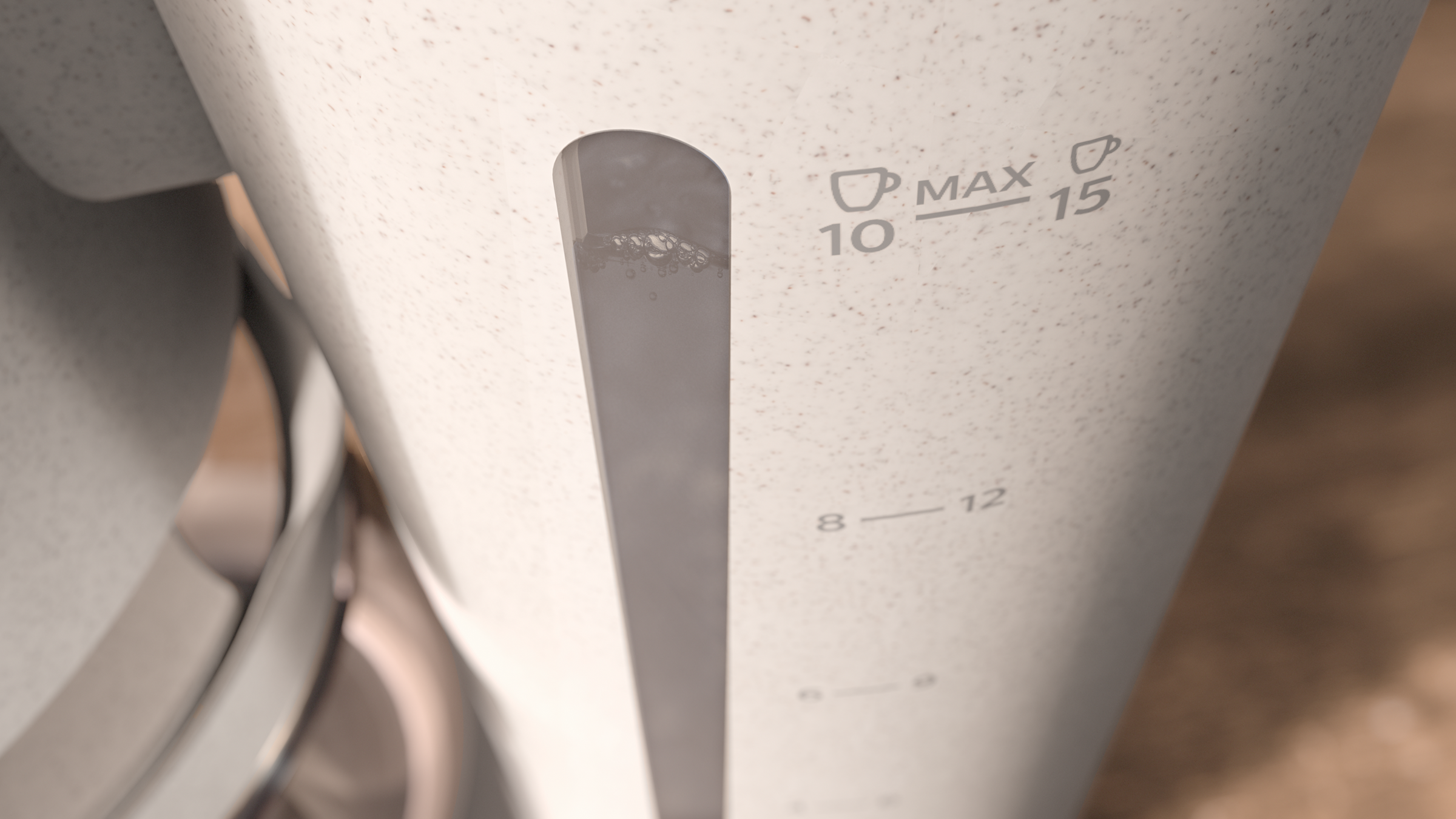 A white coffee maker with a water level indicator.