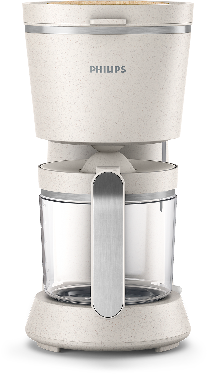 Beige coffee maker with a glass carafe and silver accents on a black background.