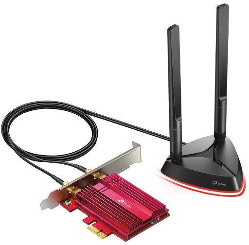 Wi-Fi adapter with antennas, a red circuit board and black cable, on a white background.