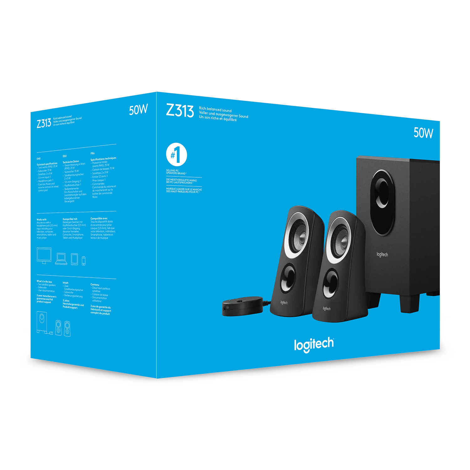 Caja del sistema de altavoces Logitech Z313, que muestra altavoces, subwoofer y detalles del producto.