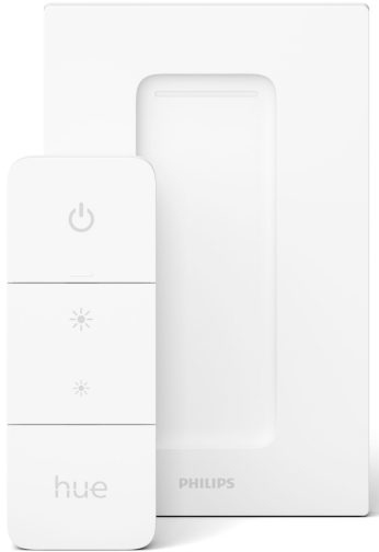 Télécommande Philips Hue blanche et son emballage. La télécommande a des boutons.