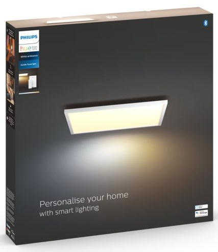 Een zwarte doos met een Philips Hue-lichtpaneel met een lamp aan.