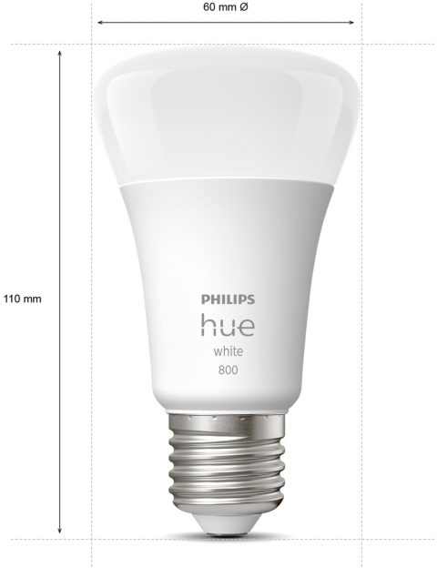 White Philips Hue smart lightbulb. Has a white top and a silver screw base, with measurements.