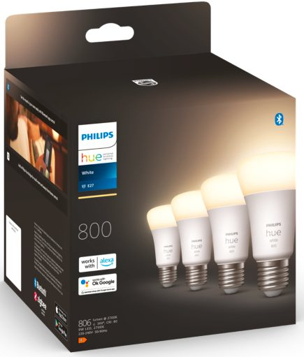 Philips Hue light bulbs box with bulbs and smart home features.