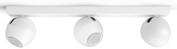 Een witte plafondlamp met drie verstelbare, ronde lampen.