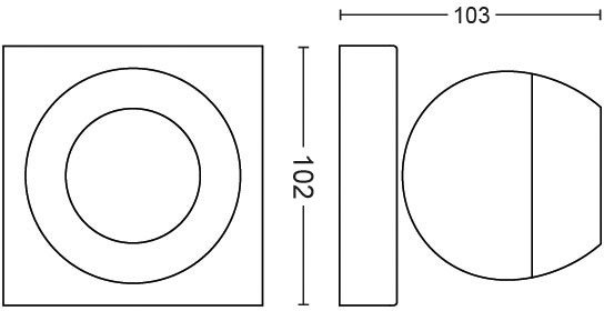 Drie aanzichten van een vierkant object met een centrale ring, met afmetingen.