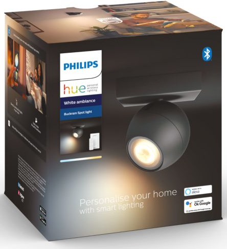Verpakte Philips Hue Buckram Spot Light, met een zwarte spot en de doos toont productkenmerken.