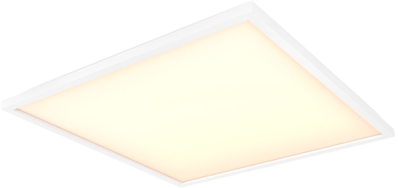 Een vierkante plafondarmatuur. Het is wit met een zacht, gebroken wit licht dat uit het midden komt.