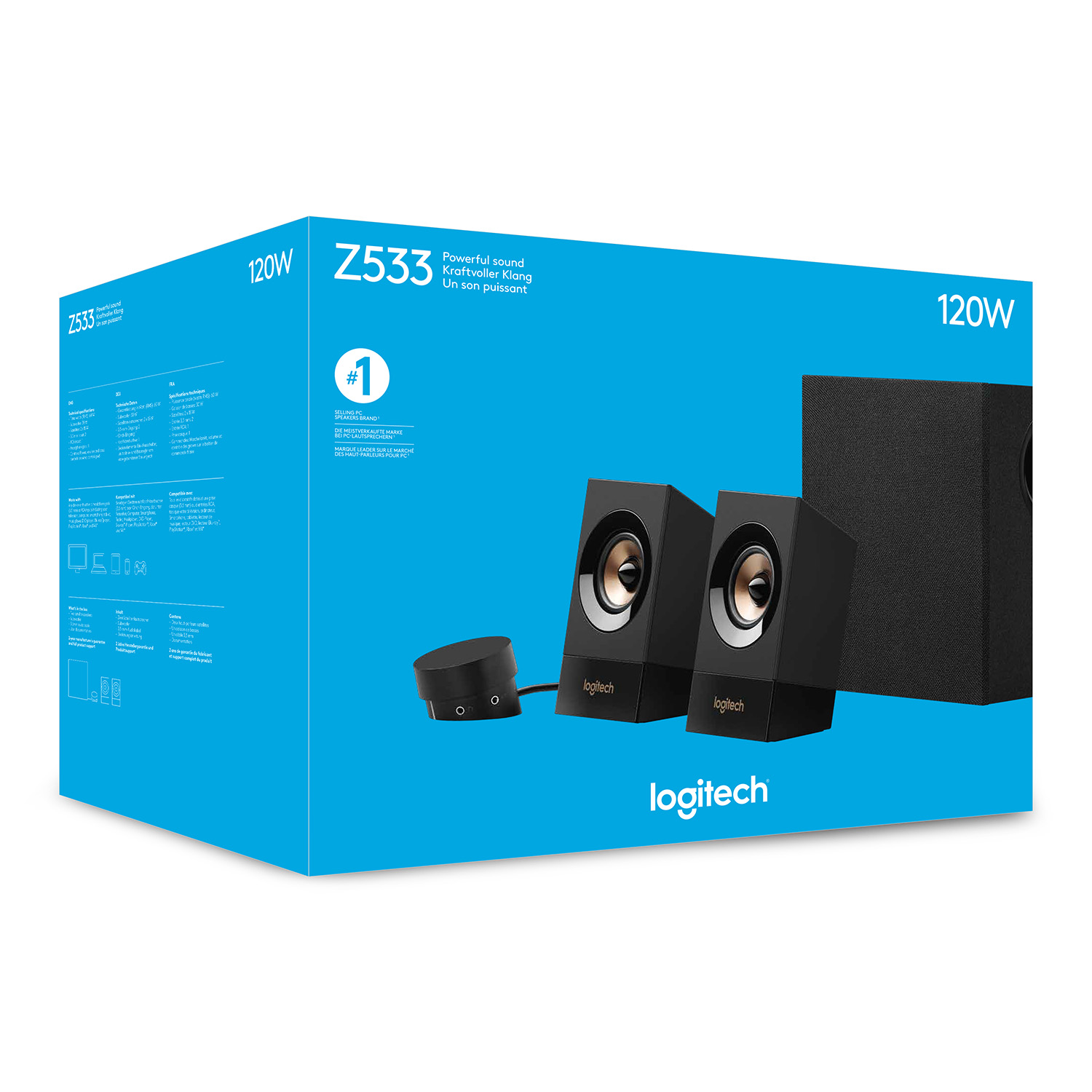 Una caja azul muestra un sistema de altavoces Logitech negro.