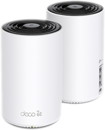 Two white, cylindrical Wi-Fi routers with a black top and the word 'deco' on them.