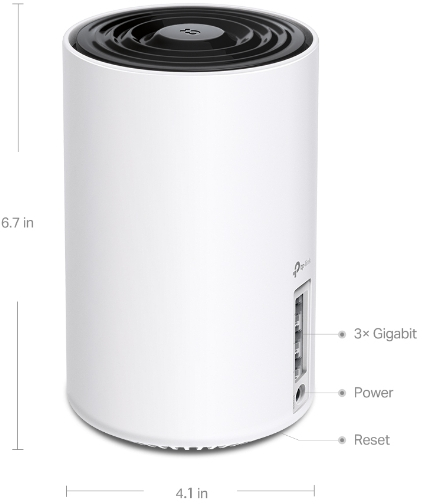 White router with ports and labels. The router is white, cylindrical, and has ports and labels.