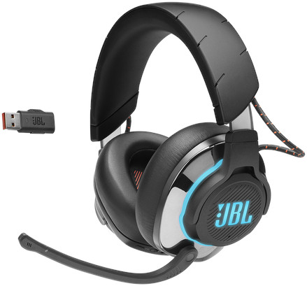 Black JBL gaming headset with blue lights. A USB adapter is on the left.