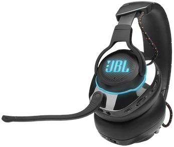 Black JBL gaming headset with a mic, with blue accents and the JBL logo.