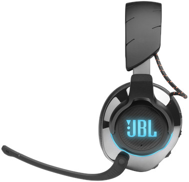 Black and silver JBL gaming headset with mic. JBL logo on the ear cup with blue and orange accents.