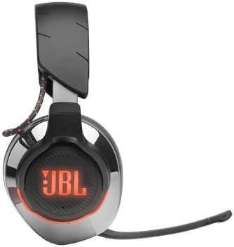 Black and silver headphones with JBL logo. The headphones are black and silver with an orange JBL logo.