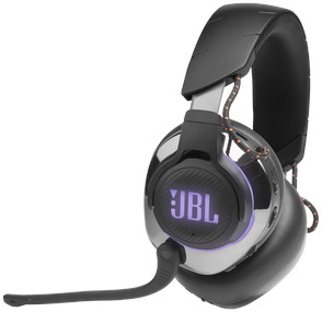 Black and silver JBL gaming headset with a boom mic and a purple light on the ear cup.