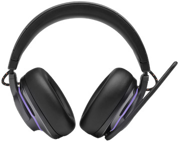 Black headphones with purple accents, angled view. The ear cups and headband are visible.