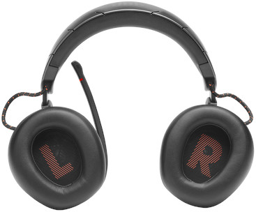 Black gaming headphones with red accents. The microphone is on the left. The earcups are labeled L and R.