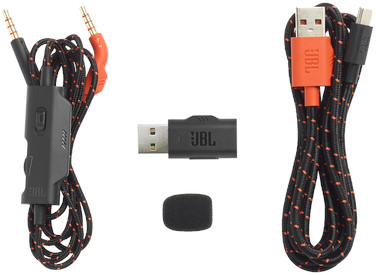 A collection of black and orange JBL cables and a microphone.