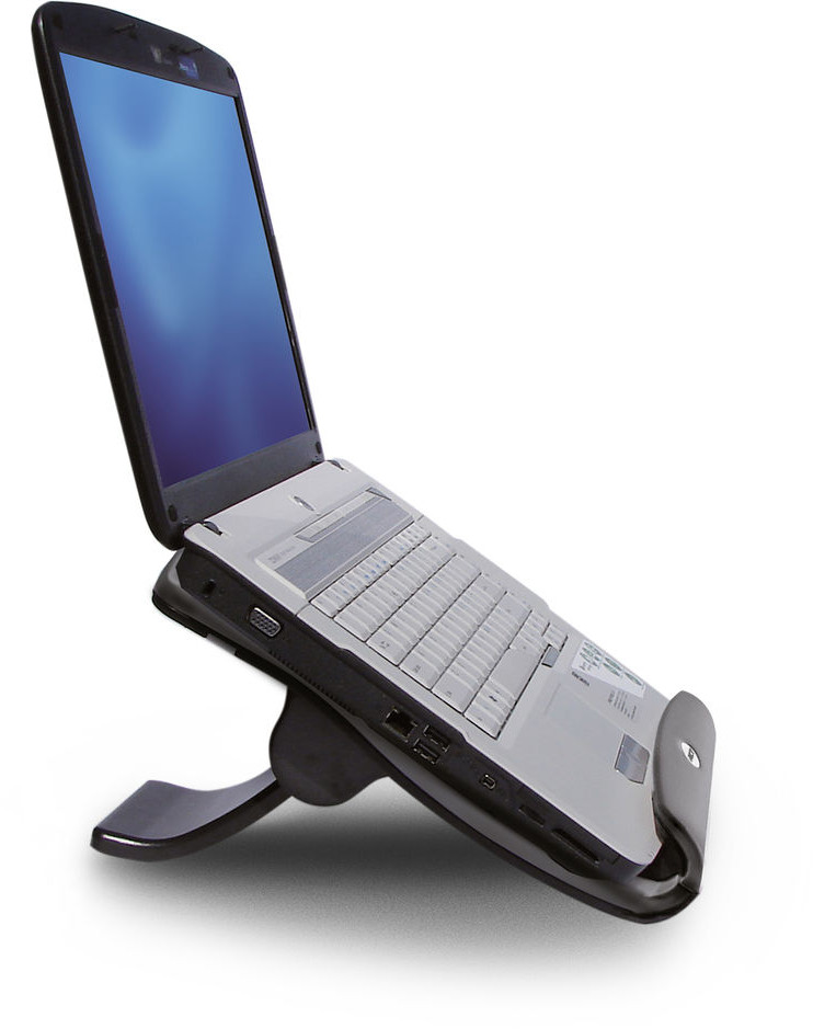 A laptop mounted on a black laptop stand, at an angle.