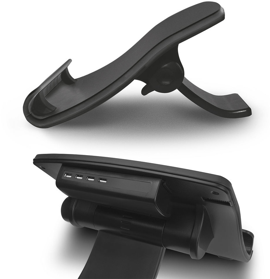 Two-part image of a black device. One view is top-down, the other is angled.
