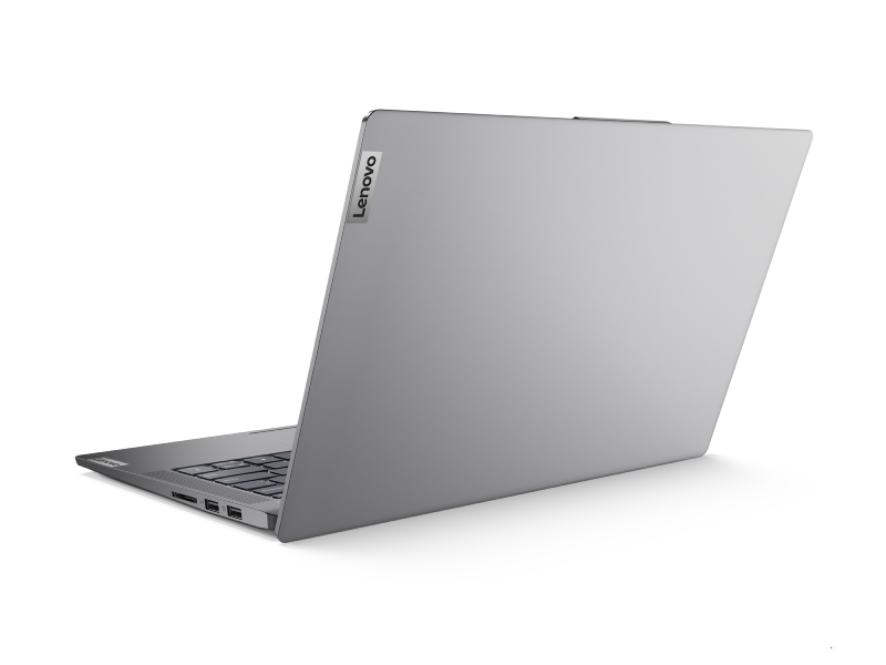Laptop plateado desde atrás, con el logo de Lenovo arriba, fondo negro.