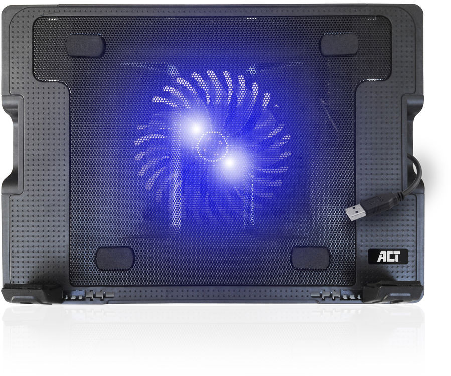 Black laptop cooling pad with a blue-lit fan, top view, on a white surface.