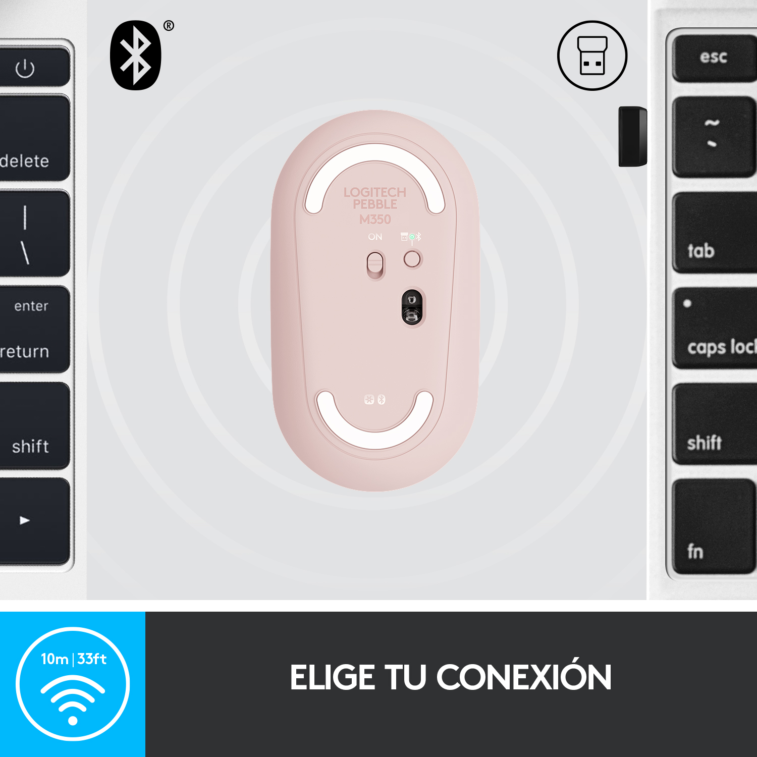 Un ratón de ordenador rosa con teclado e icono de Bluetooth.