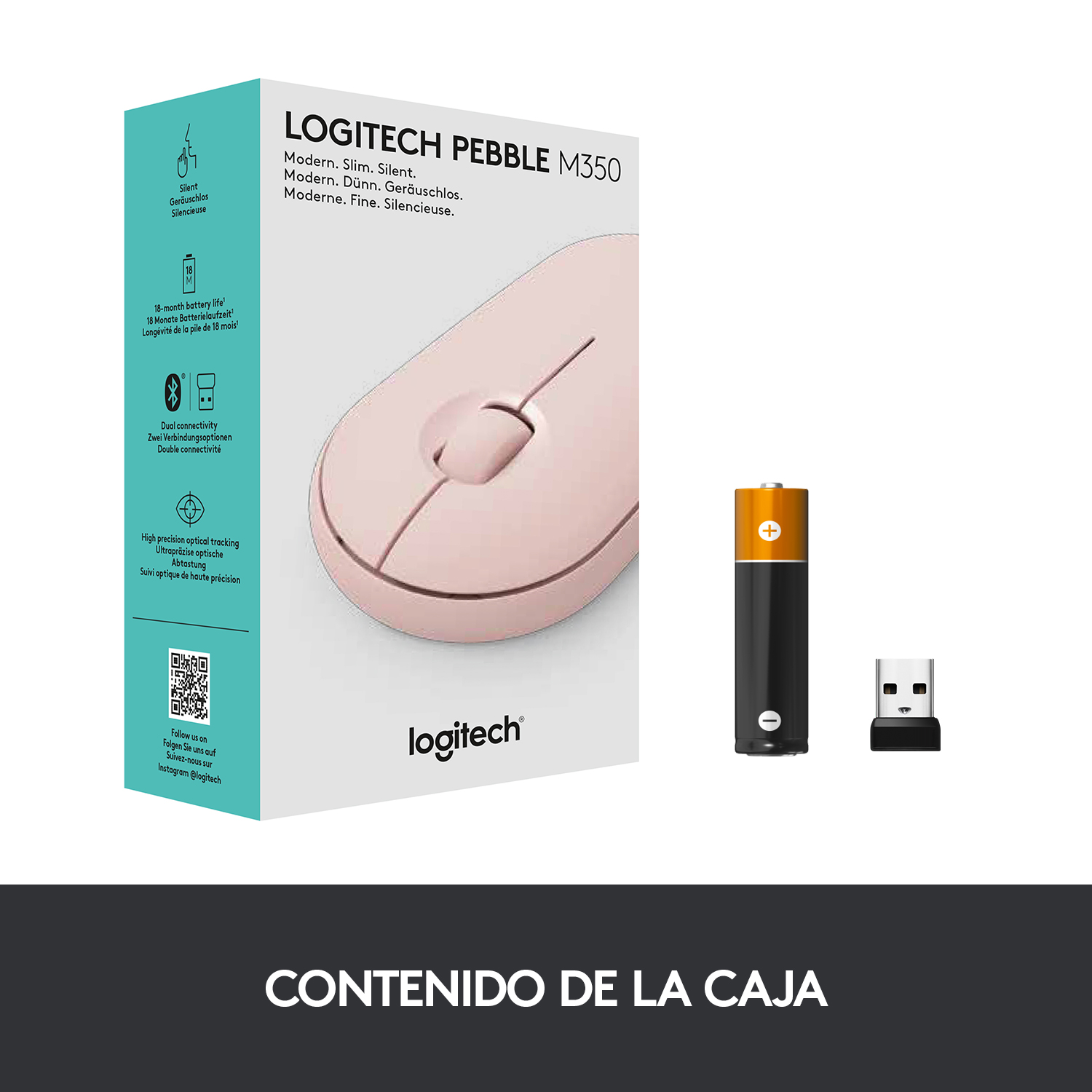 Ratón inalámbrico rosa, batería y receptor USB en una caja con texto e imágenes.